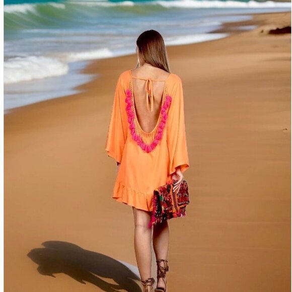 SUNDRESS Indiana Basic Dress Frill  Tassel Orange Oversized Ruffled Dress S - Picture 1 of 11
